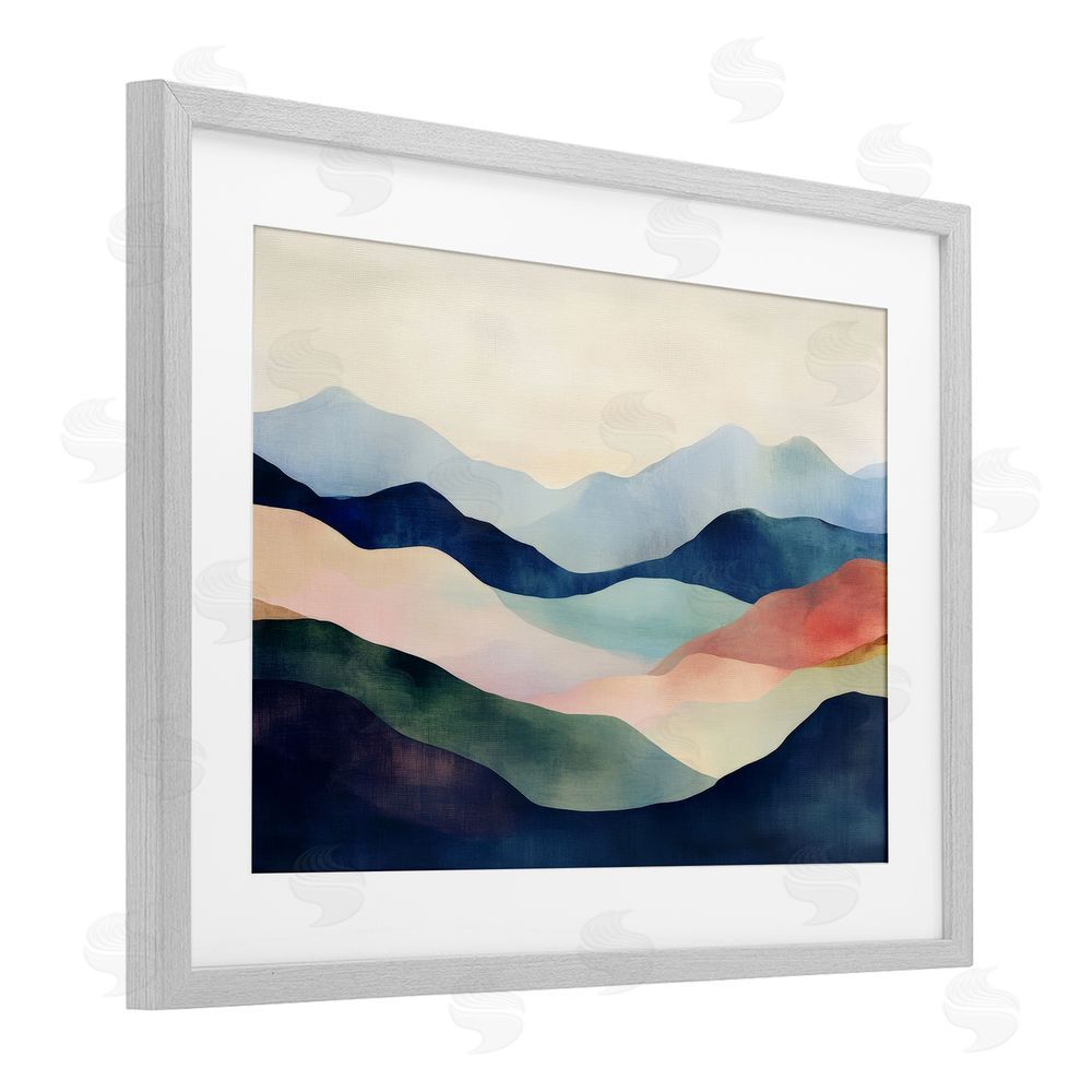 Petal Prints Design Blue Abstract Mountain Landscape Gray Framed Print Under Glass with White Mat Wall Art