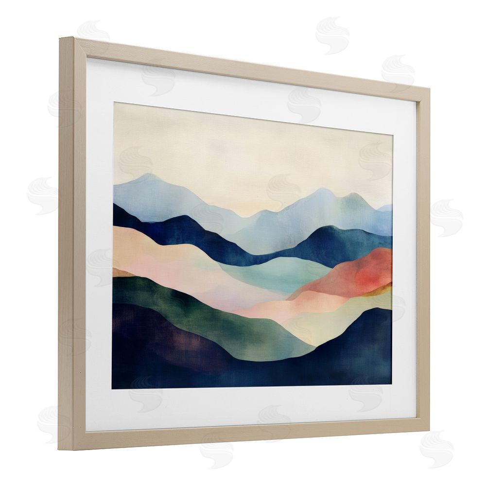 Petal Prints Design Blue Abstract Mountain Landscape Birch Framed Print Under Glass with White Mat Wall Art