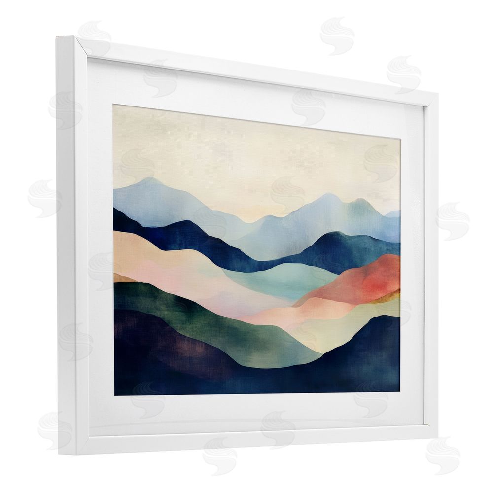 Petal Prints Design Blue Abstract Mountain Landscape White Framed Print Under Glass with Mat Wall Art