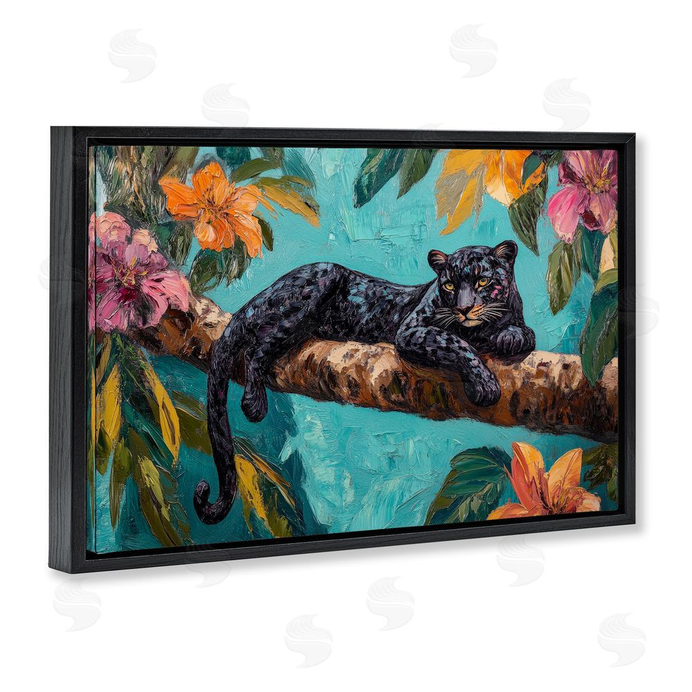 Petal Prints Design Lazy Day Black Leopard Black Floating Frame Canvas Wall Art Print