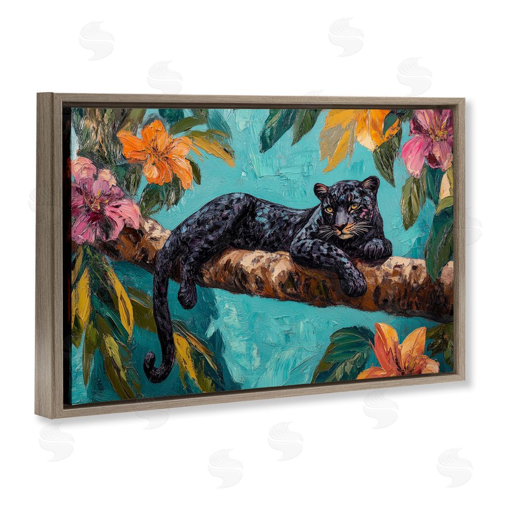 Petal Prints Design Lazy Day Black Leopard Brown Floating Frame Canvas Wall Art Print