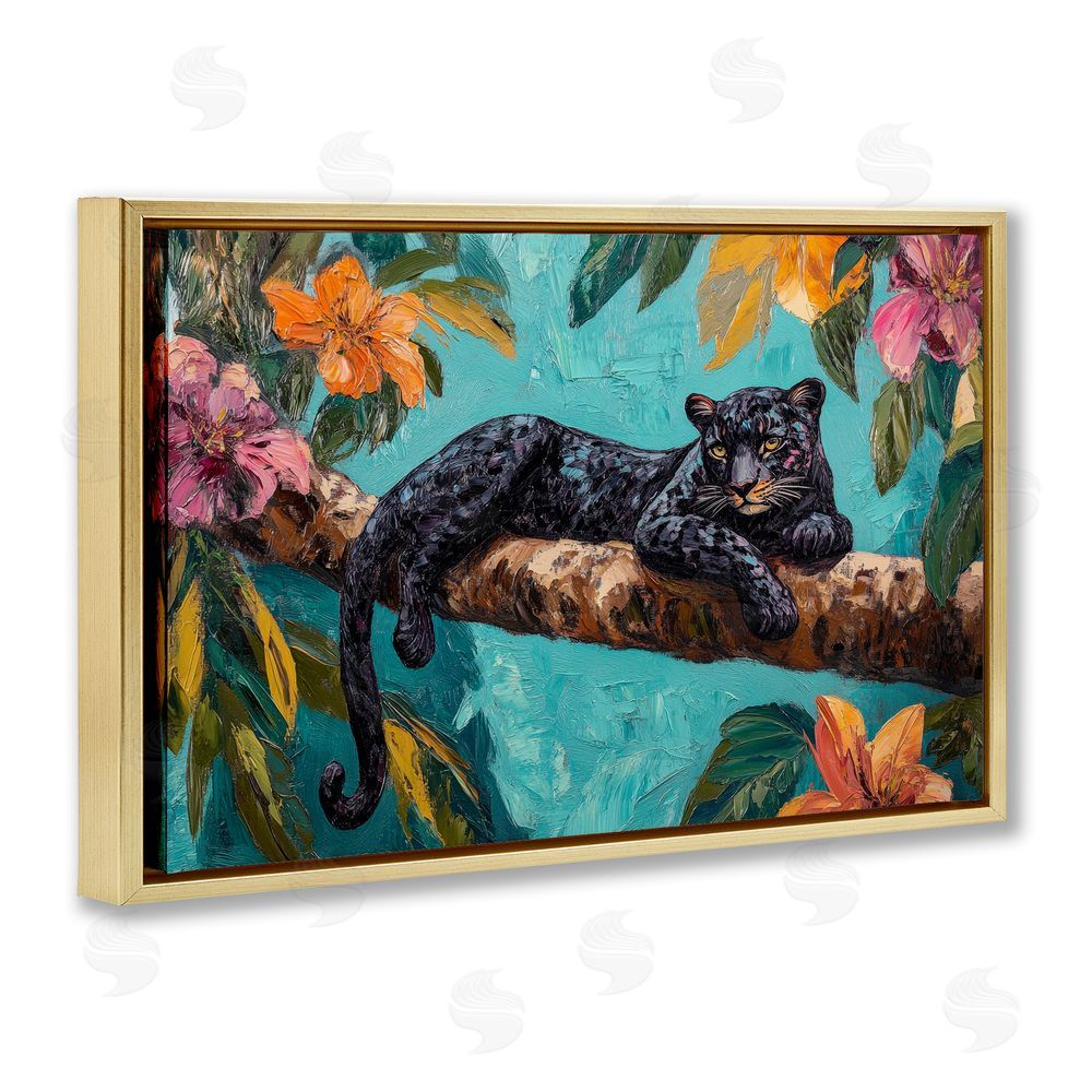 Petal Prints Design Lazy Day Black Leopard Gold Floating Frame Canvas Wall Art Print