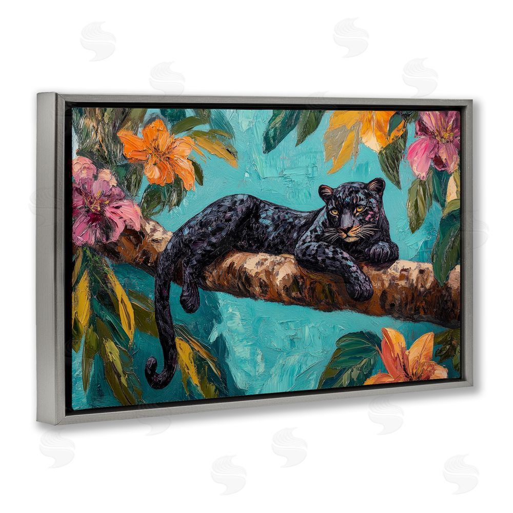 Petal Prints Design Lazy Day Black Leopard Gray Floating Frame Canvas Wall Art Print