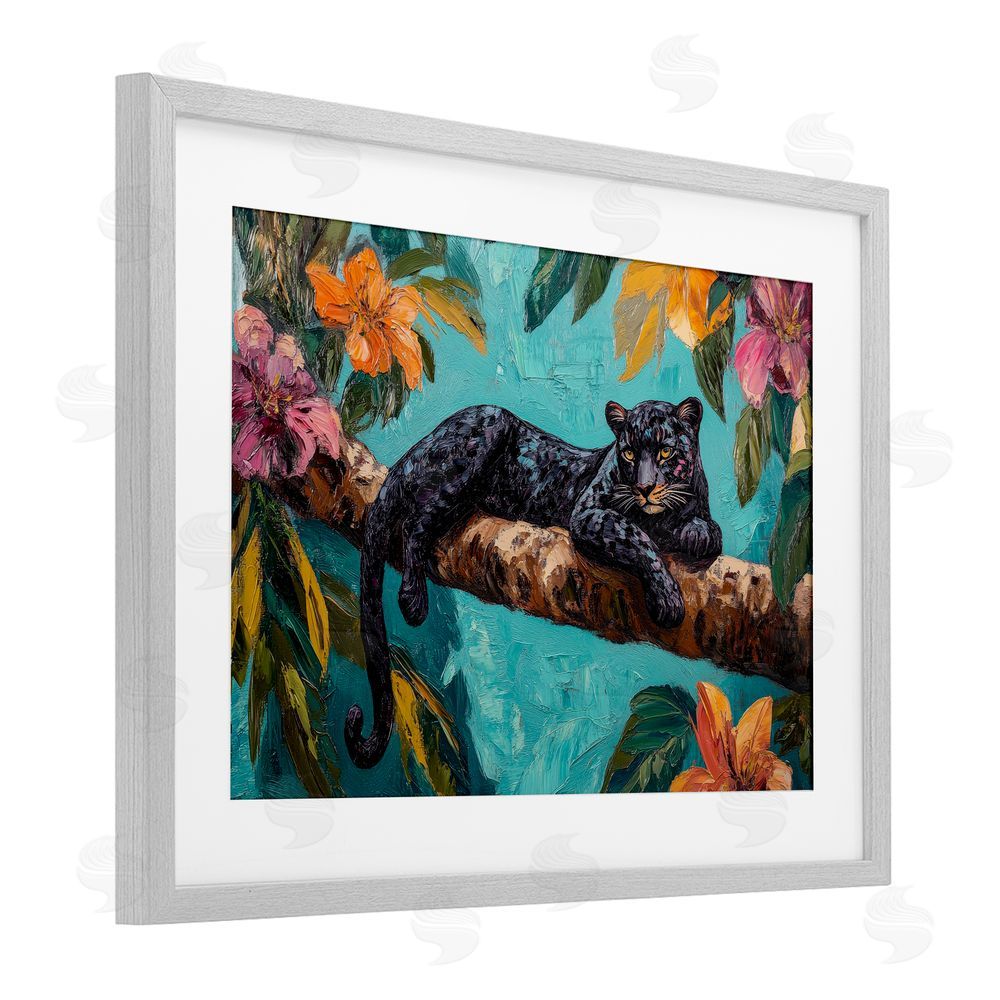 Petal Prints Design Lazy Day Black Leopard Gray Framed Print Under Glass with White Mat Wall Art