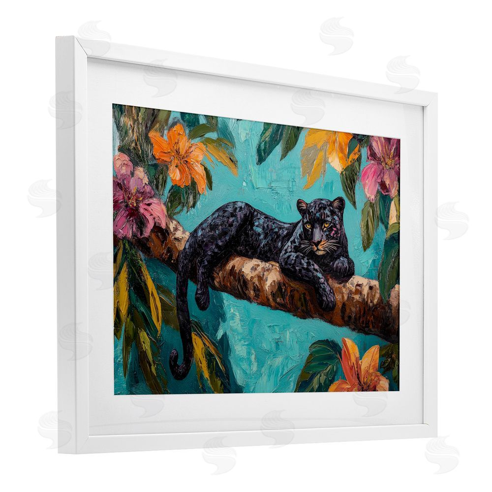 Petal Prints Design Lazy Day Black Leopard White Framed Print Under Glass with Mat Wall Art