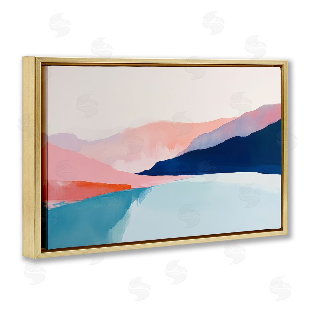 Petal Prints Design Minimalist Landscape Blue and Pink Gold Floating Frame Canvas Wall Art Print