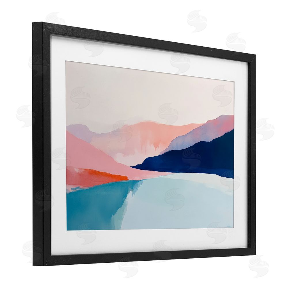 Petal Prints Design Minimalist Landscape Blue and Pink Black Framed Print Under Glass with White Mat Wall Art