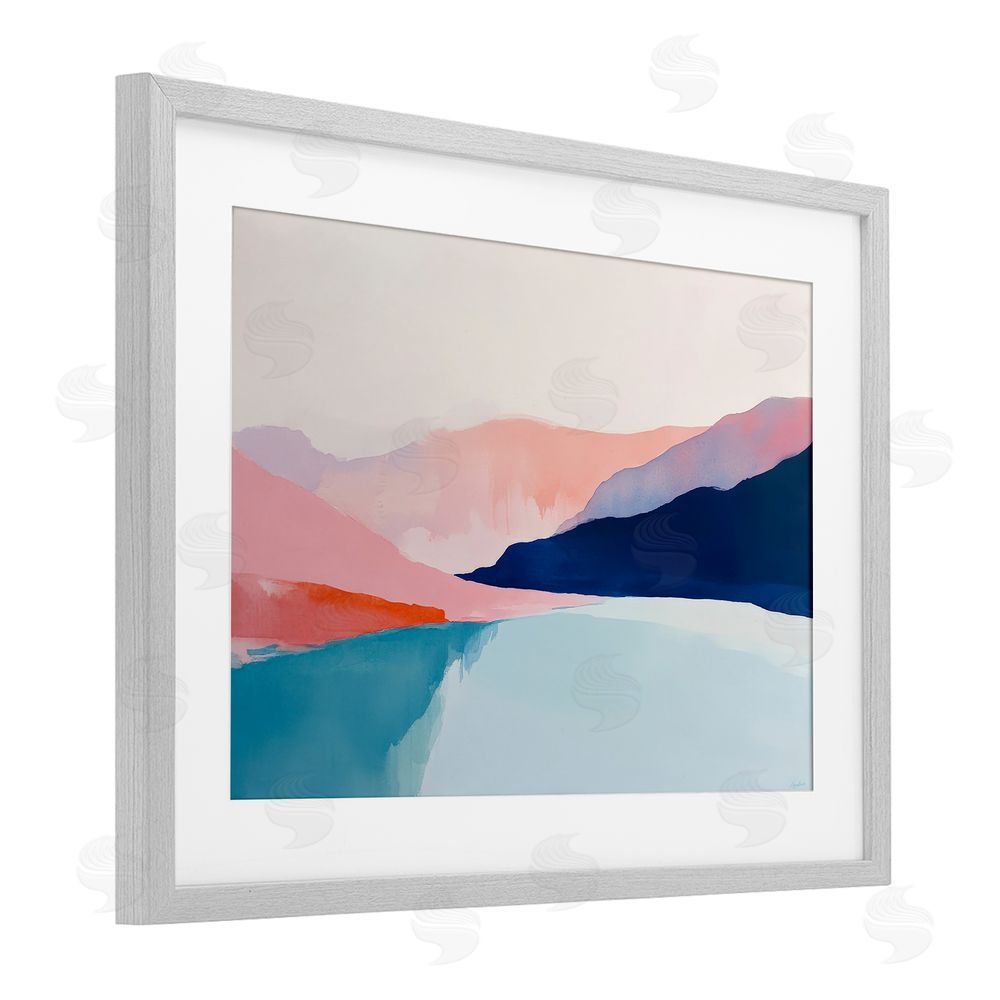 Petal Prints Design Minimalist Landscape Blue and Pink Gray Framed Print Under Glass with White Mat Wall Art
