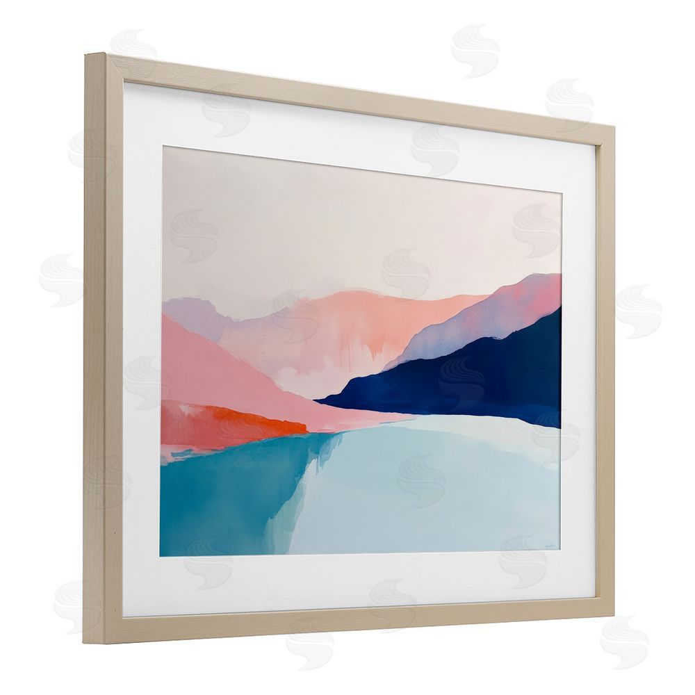 Petal Prints Design Minimalist Landscape Blue and Pink Birch Framed Print Under Glass with White Mat Wall Art