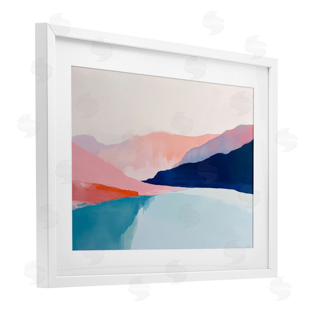 Petal Prints Design Minimalist Landscape Blue and Pink White Framed Print Under Glass with Mat Wall Art