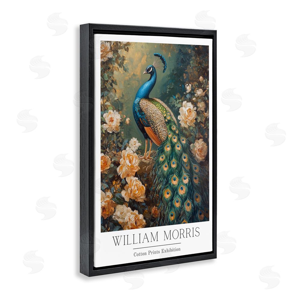 Petal Prints Design Vintage Morris Inspired Blue Peacock Black Floating Frame Canvas Wall Art Print