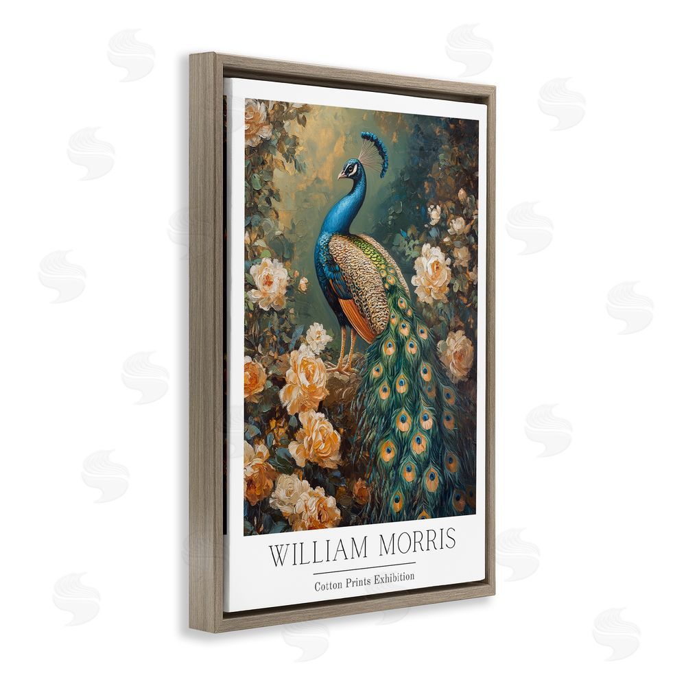 Petal Prints Design Vintage Morris Inspired Blue Peacock Brown Floating Frame Canvas Wall Art Print