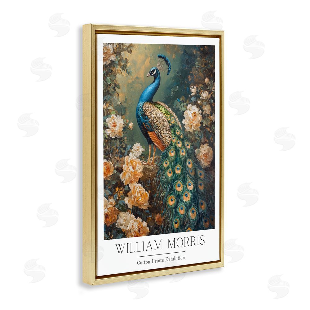 Petal Prints Design Vintage Morris Inspired Blue Peacock Gold Floating Frame Canvas Wall Art Print