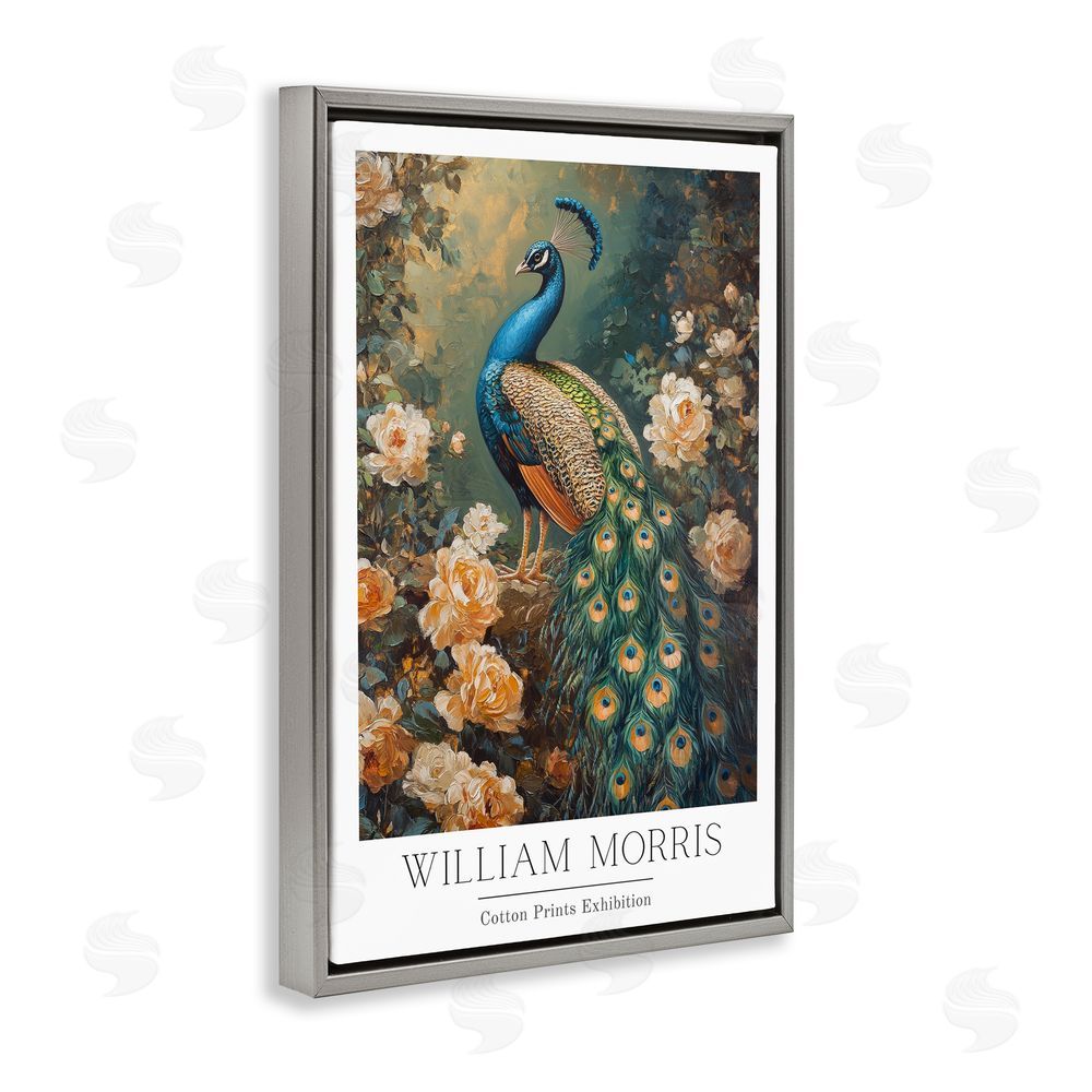 Petal Prints Design Vintage Morris Inspired Blue Peacock Gray Floating Frame Canvas Wall Art Print