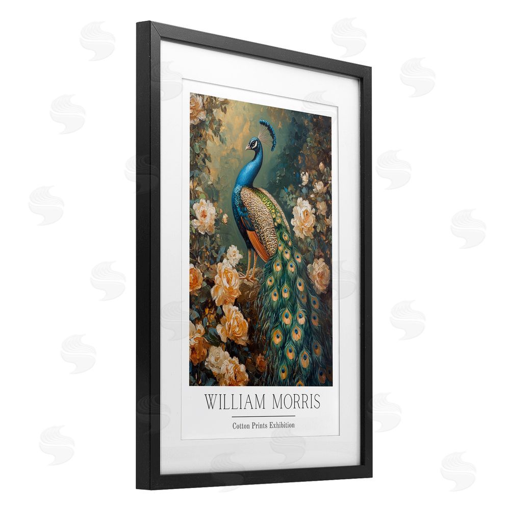 Petal Prints Design Vintage Morris Inspired Blue Peacock Black Framed Print Under Glass with White Mat Wall Art