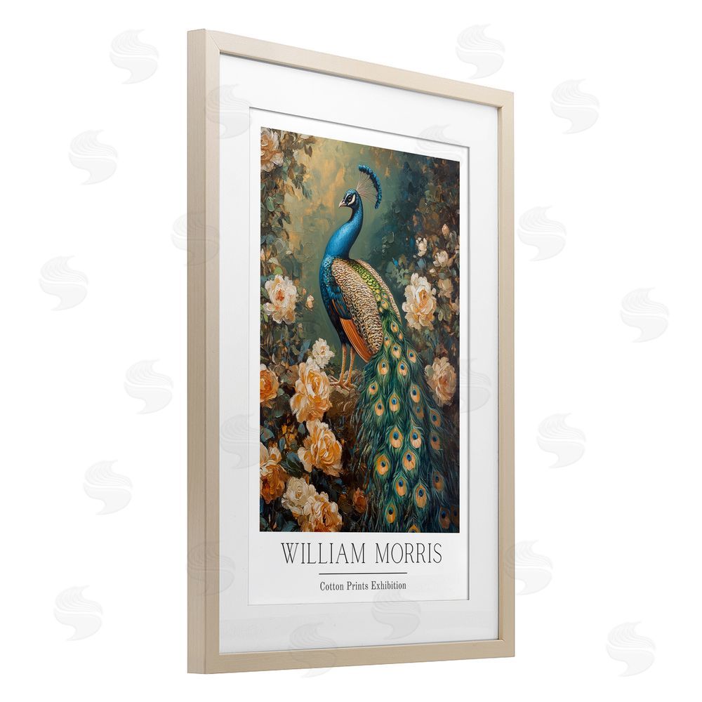 Petal Prints Design Vintage Morris Inspired Blue Peacock Birch Framed Print Under Glass with White Mat Wall Art