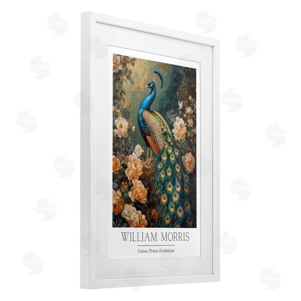 Petal Prints Design Vintage Morris Inspired Blue Peacock White Framed Print Under Glass with Mat Wall Art
