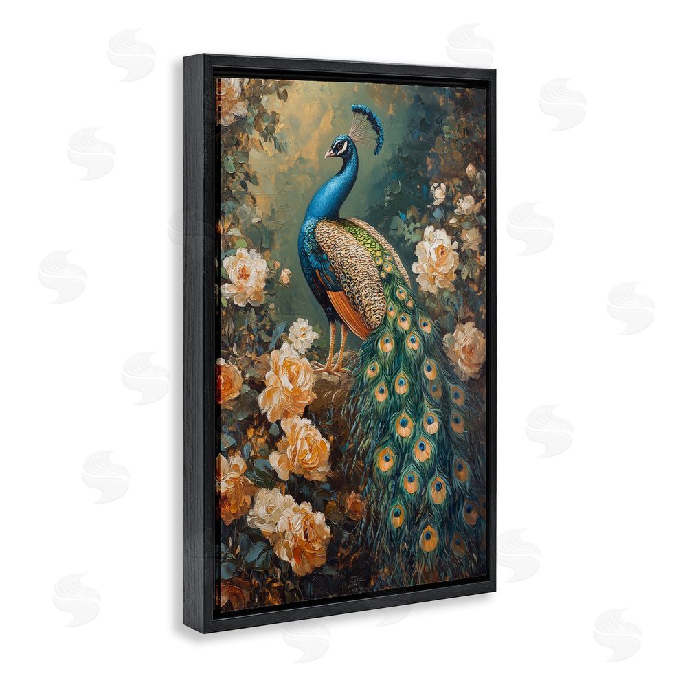 Petal Prints Design Blue Morris Inspired Peacock Black Floating Frame Canvas Wall Art Print
