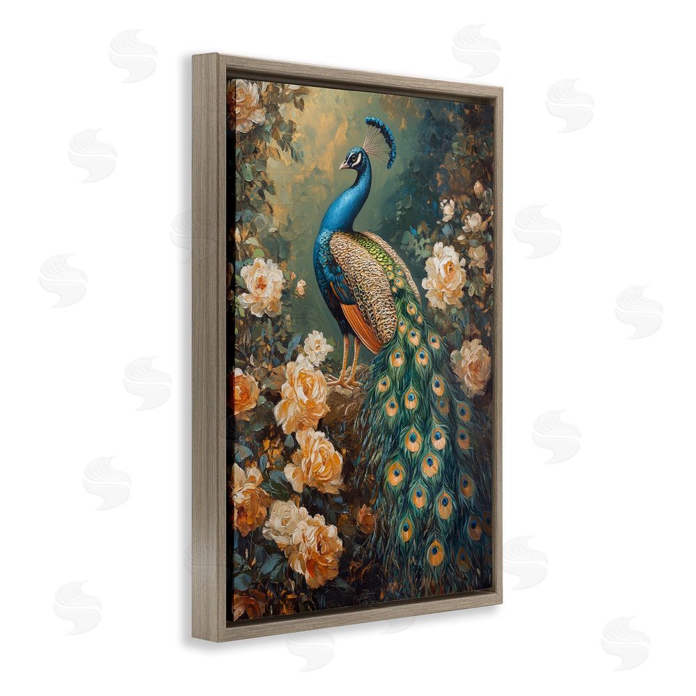 Petal Prints Design Blue Morris Inspired Peacock Brown Floating Frame Canvas Wall Art Print