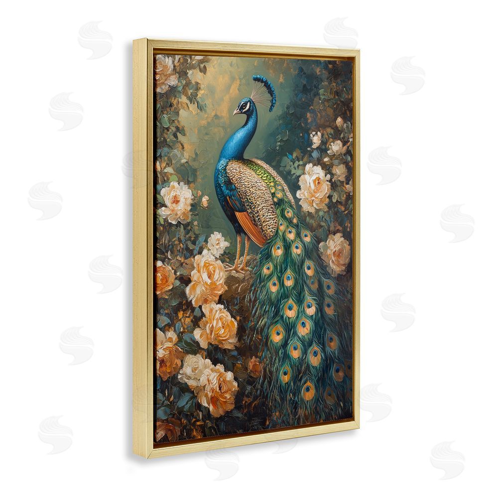 Petal Prints Design Blue Morris Inspired Peacock Gold Floating Frame Canvas Wall Art Print