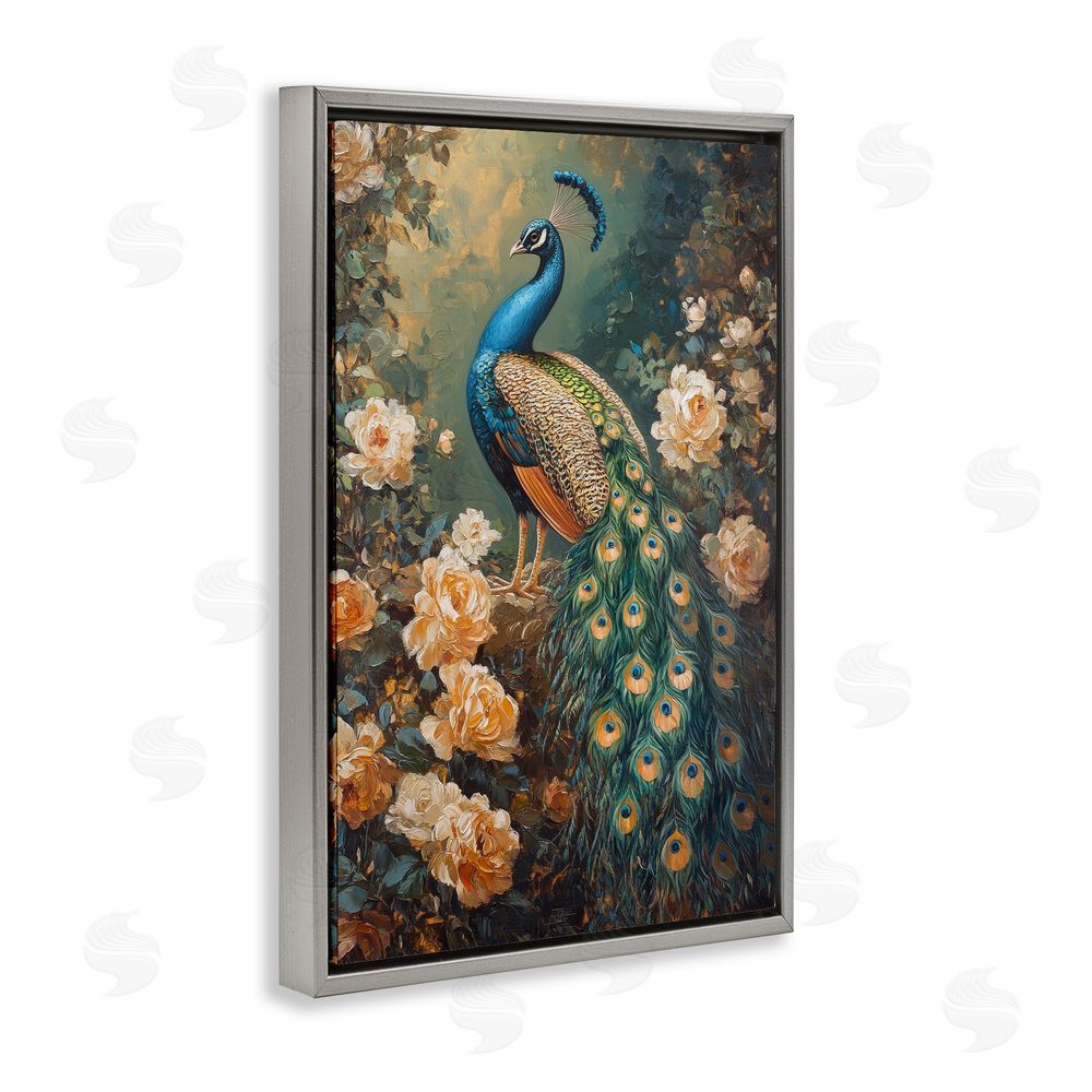 Petal Prints Design Blue Morris Inspired Peacock Gray Floating Frame Canvas Wall Art Print