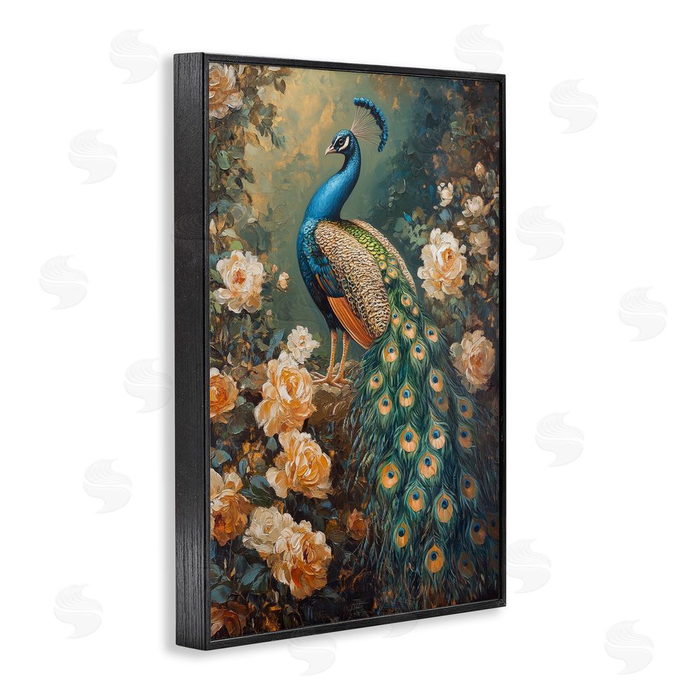 Petal Prints Design Blue Morris Inspired Peacock Black Framed Giclee Wall Art Print