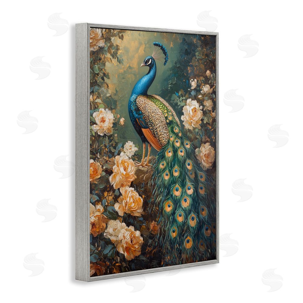 Petal Prints Design Blue Morris Inspired Peacock Gray Framed Giclee Wall Art Print