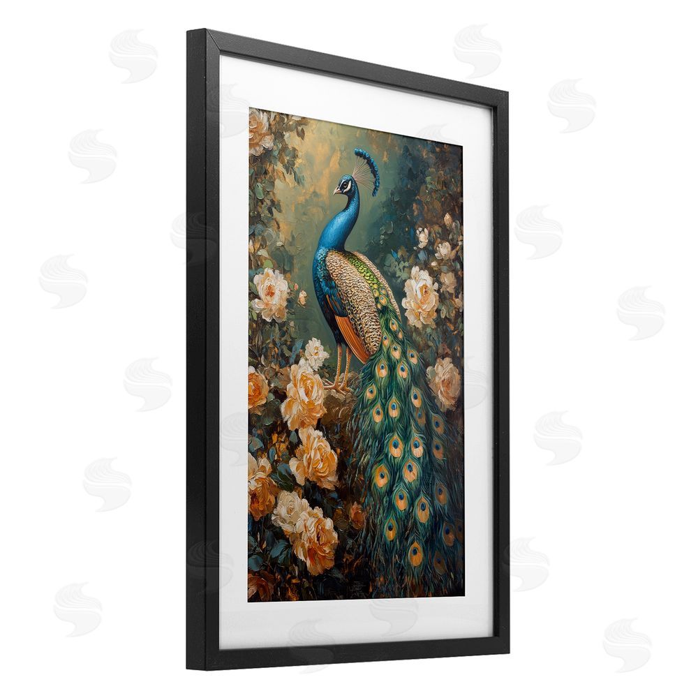 Petal Prints Design Blue Morris Inspired Peacock Black Framed Print Under Glass with White Mat Wall Art