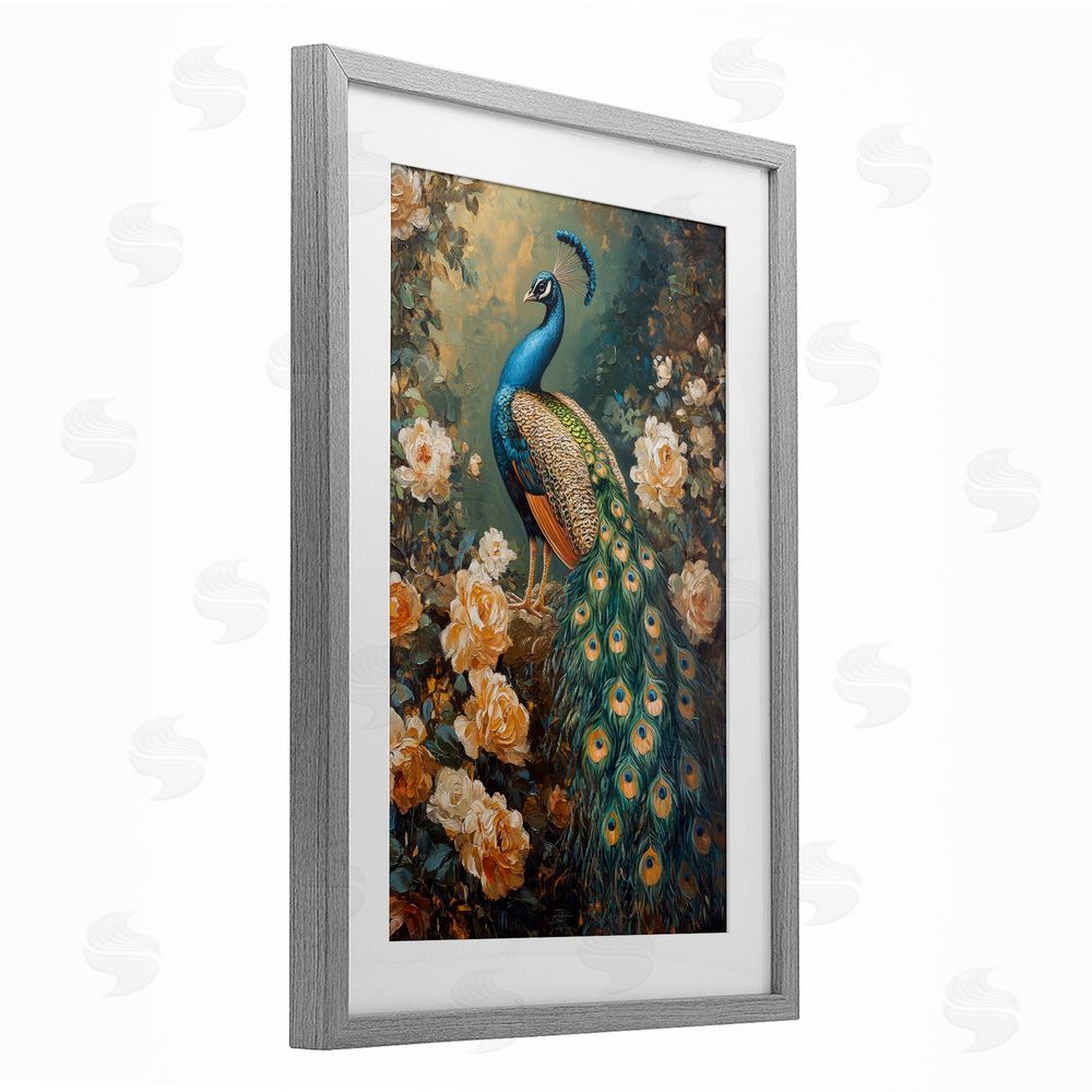 Petal Prints Design Blue Morris Inspired Peacock Gray Framed Print Under Glass with White Mat Wall Art