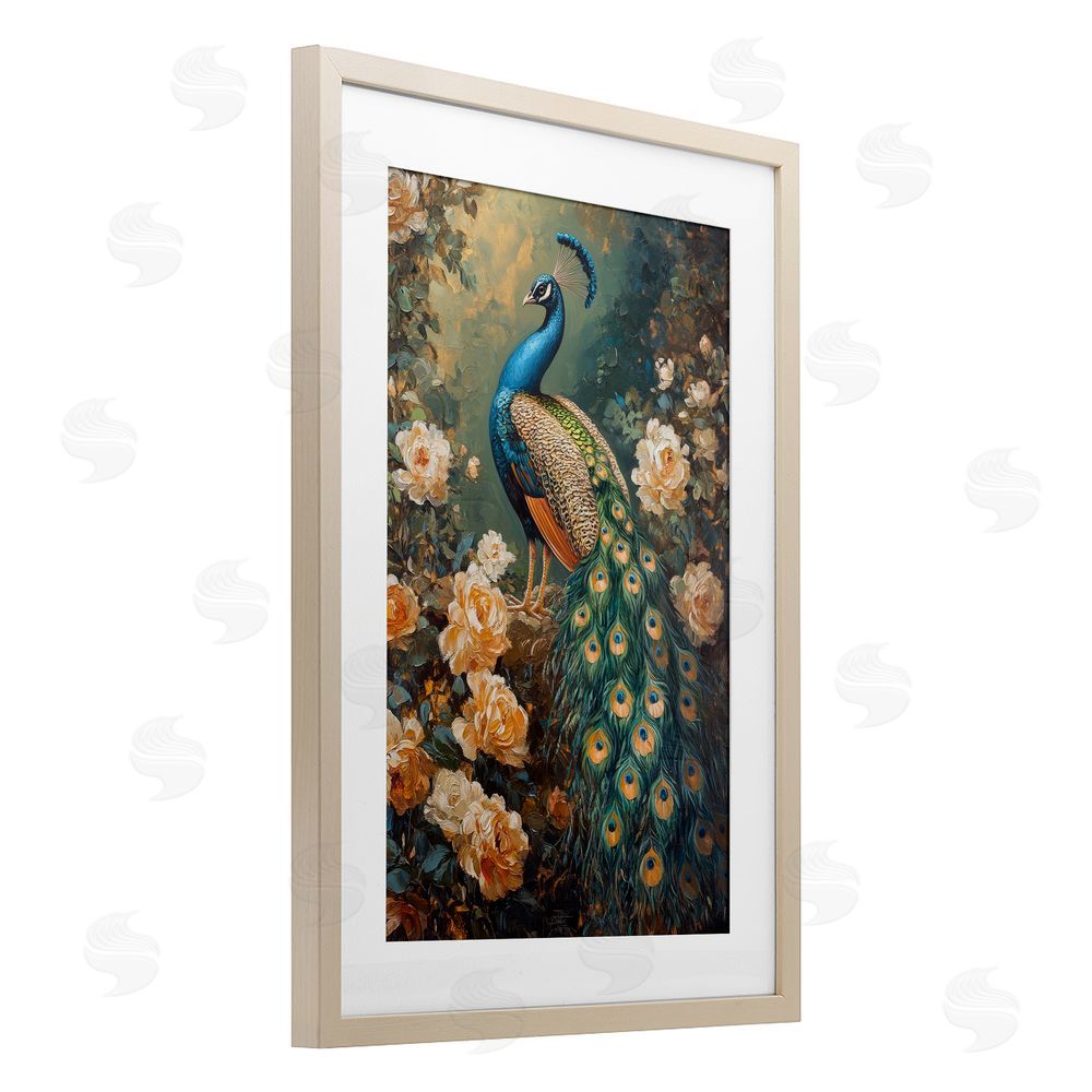 Petal Prints Design Blue Morris Inspired Peacock Birch Framed Print Under Glass with White Mat Wall Art