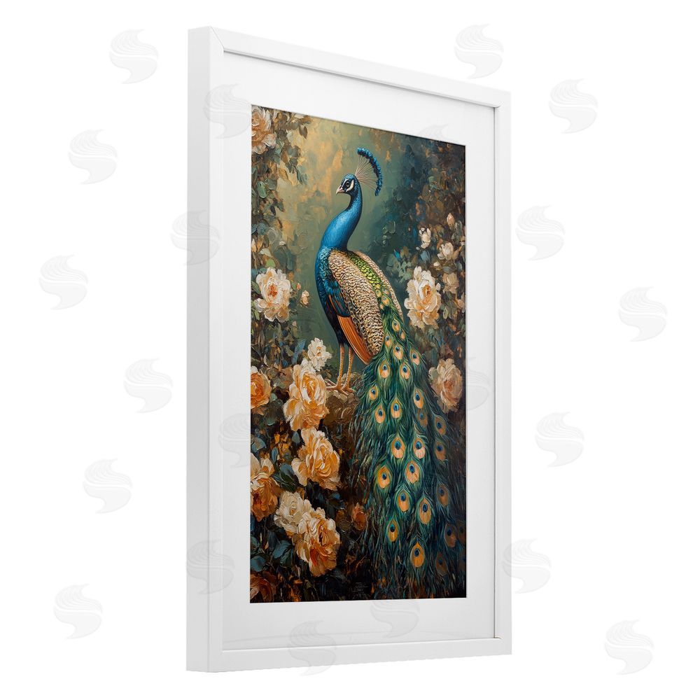 Petal Prints Design Blue Morris Inspired Peacock White Framed Print Under Glass with Mat Wall Art