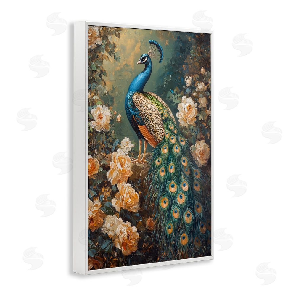 Petal Prints Design Blue Morris Inspired Peacock White Framed Giclee Wall Art Print