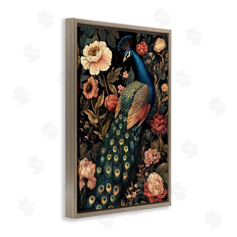 Petal Prints Design Vintage Peacock in Florals Brown Floating Frame Canvas Wall Art Print