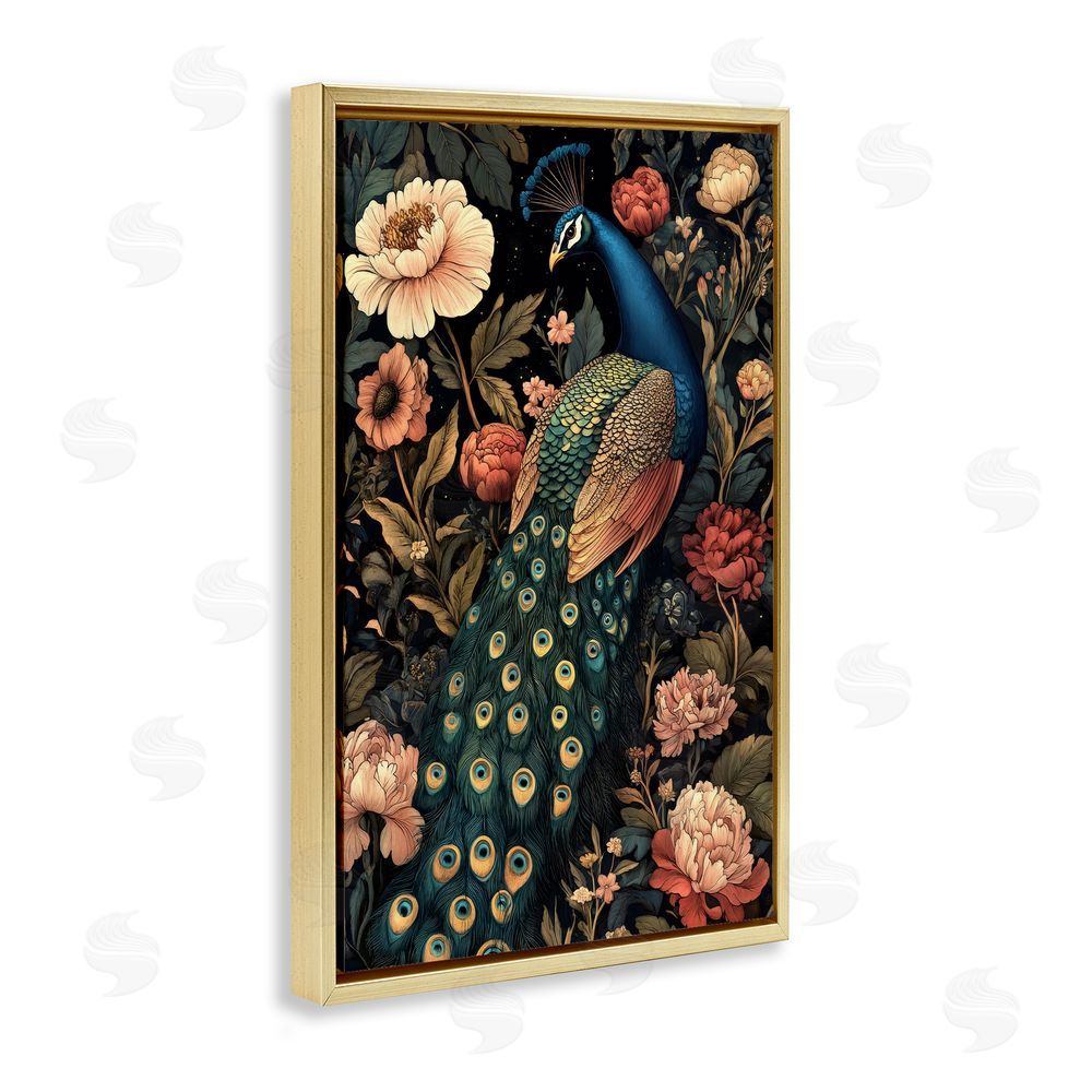 Petal Prints Design Vintage Peacock in Florals Gold Floating Frame Canvas Wall Art Print
