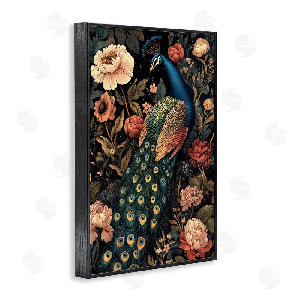 Petal Prints Design Vintage Peacock in Florals Black Framed Giclee Wall Art Print