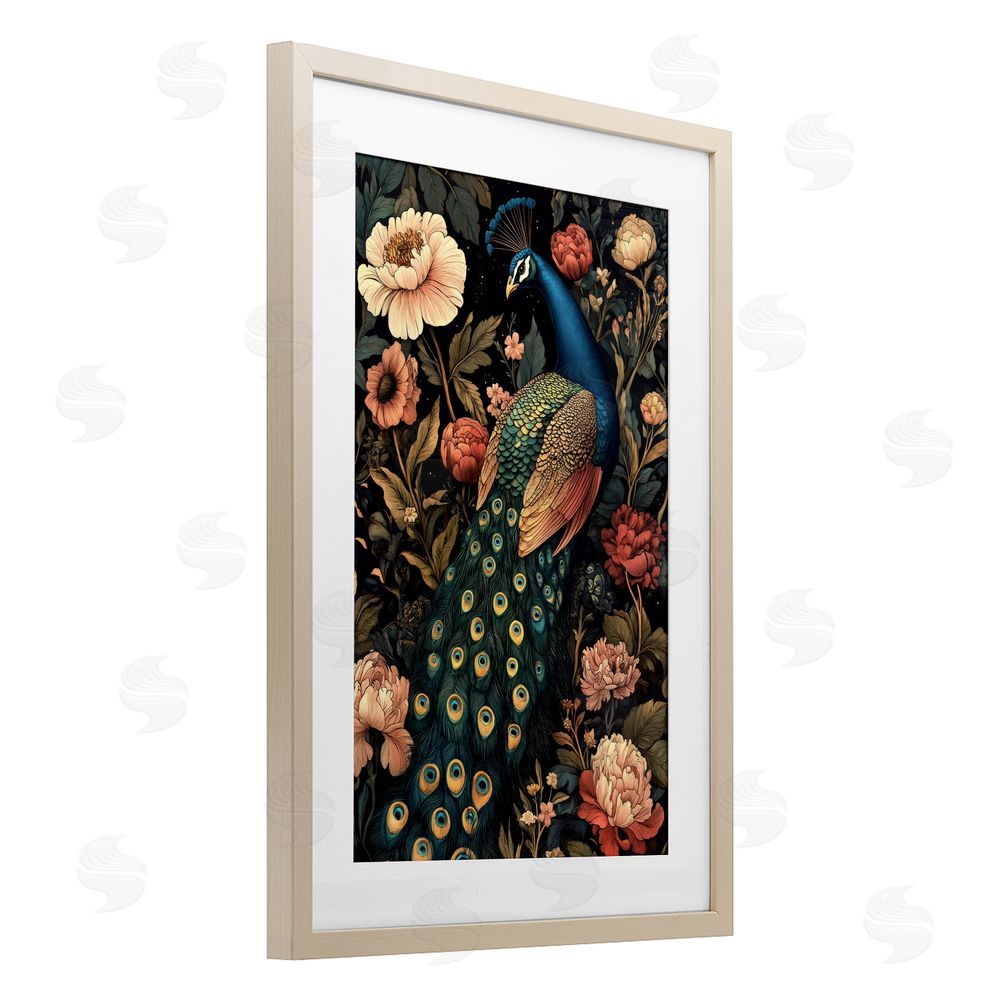 Petal Prints Design Vintage Peacock in Florals Birch Framed Print Under Glass with White Mat Wall Art
