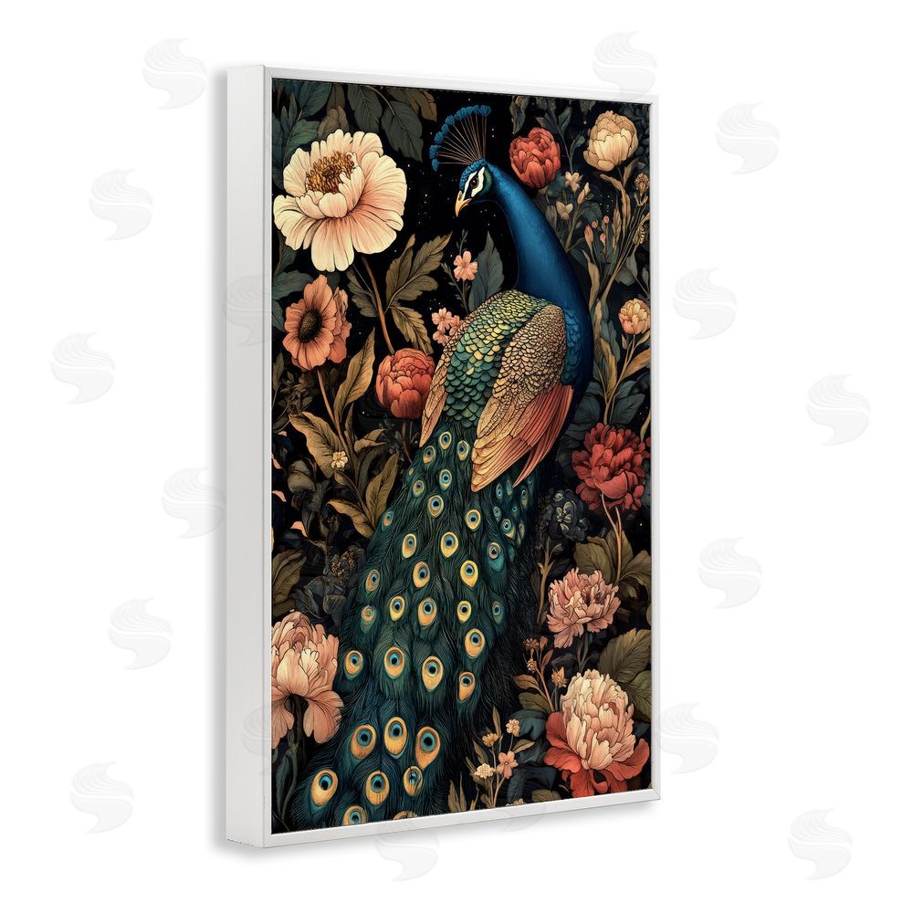 Petal Prints Design Vintage Peacock in Florals White Framed Giclee Wall Art Print