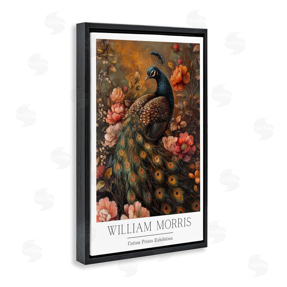 Petal Prints Design Vintage Morris Inspired Red Peacock Black Floating Frame Canvas Wall Art Print