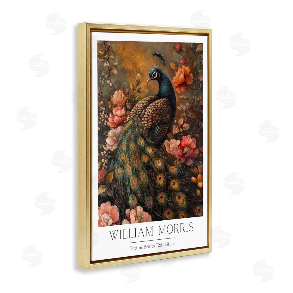 Petal Prints Design Vintage Morris Inspired Red Peacock Gold Floating Frame Canvas Wall Art Print