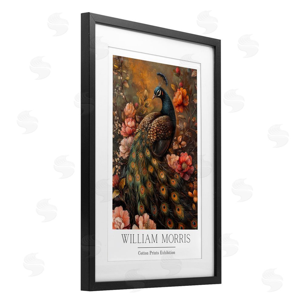 Petal Prints Design Vintage Morris Inspired Red Peacock Black Framed Print Under Glass with White Mat Wall Art
