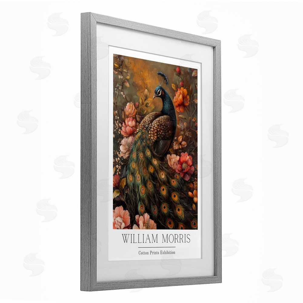 Petal Prints Design Vintage Morris Inspired Red Peacock Gray Framed Print Under Glass with White Mat Wall Art