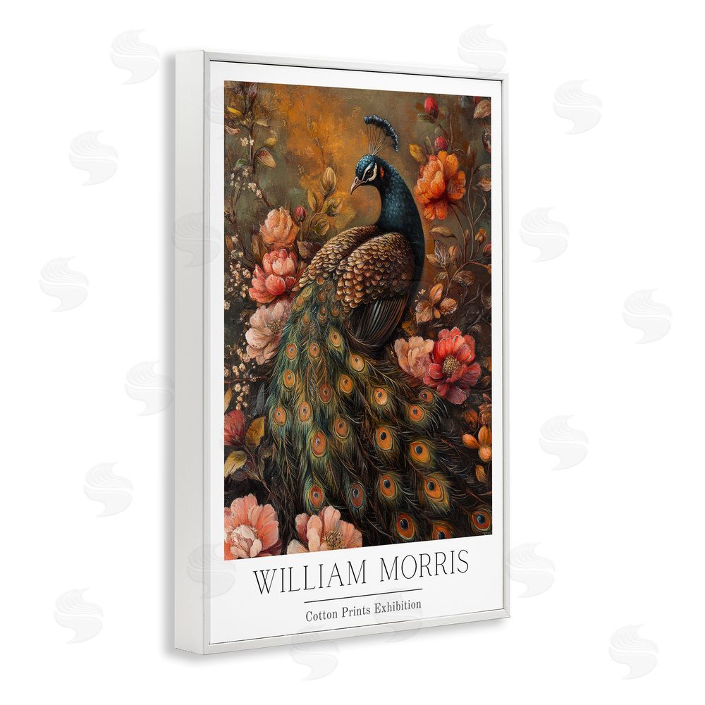 Petal Prints Design Vintage Morris Inspired Red Peacock White Framed Giclee Wall Art Print