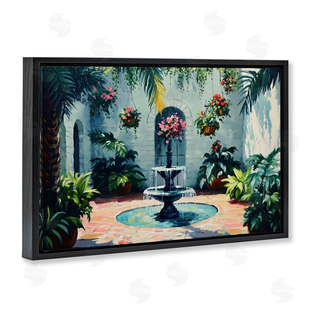 Franklyn Gregory Floral Fountain Courtyard Black Floating Frame Canvas Wall Art Print
