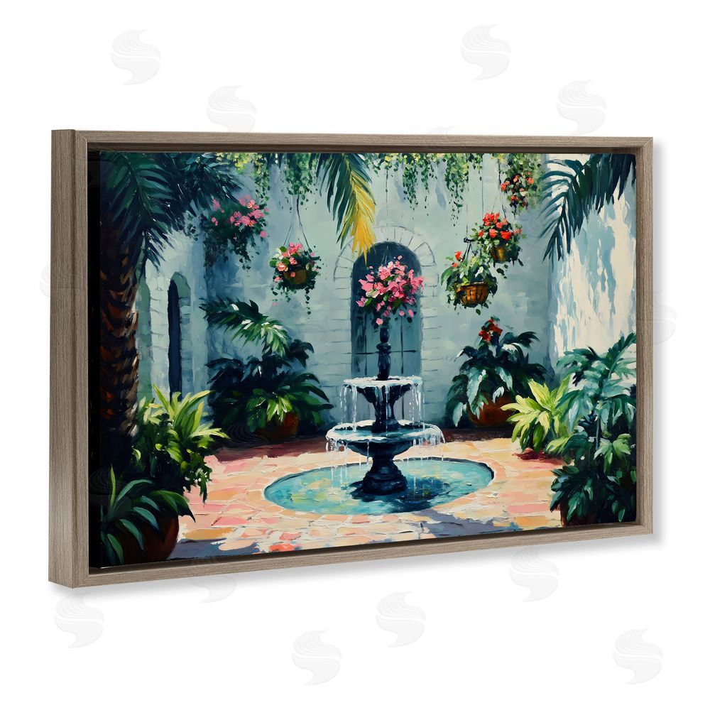 Franklyn Gregory Floral Fountain Courtyard Brown Floating Frame Canvas Wall Art Print