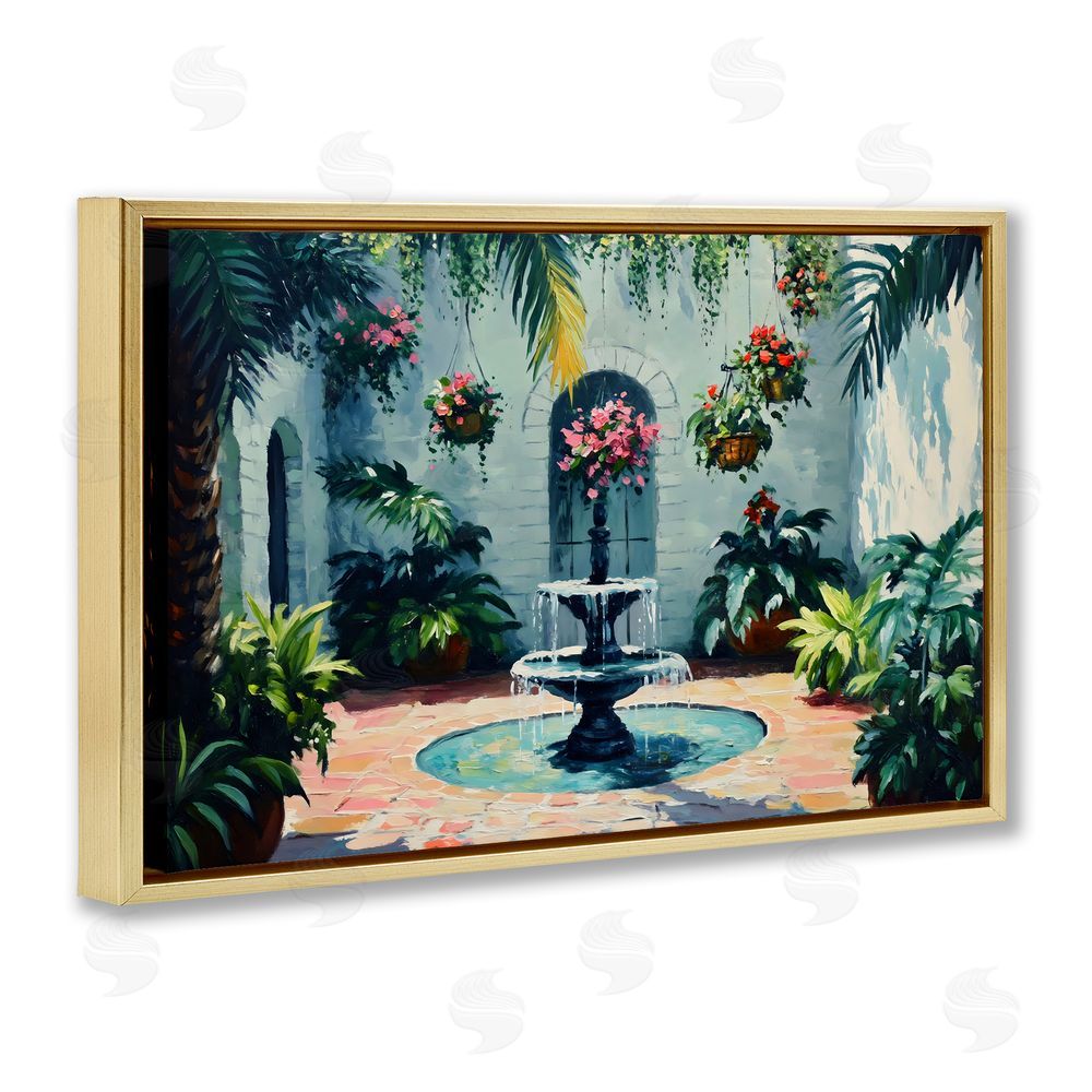 Franklyn Gregory Floral Fountain Courtyard Gold Floating Frame Canvas Wall Art Print