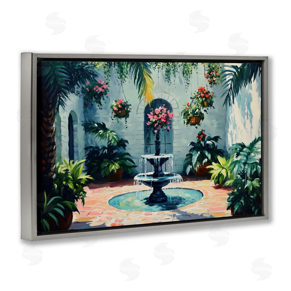 Franklyn Gregory Floral Fountain Courtyard Gray Floating Frame Canvas Wall Art Print