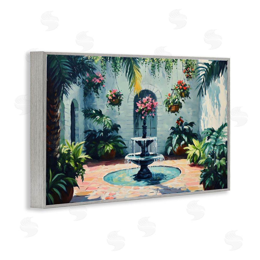 Franklyn Gregory Floral Fountain Courtyard Gray Framed Giclee Wall Art Print