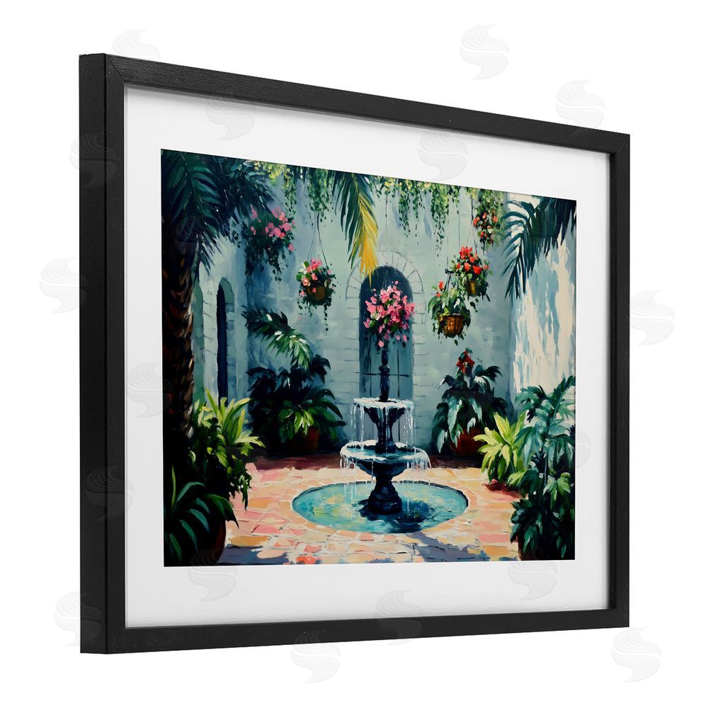 Franklyn Gregory Floral Fountain Courtyard Black Framed Print Under Glass with White Mat Wall Art