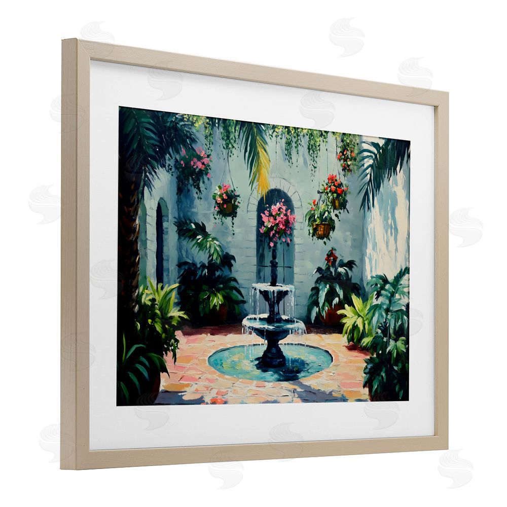 Franklyn Gregory Floral Fountain Courtyard Birch Framed Print Under Glass with White Mat Wall Art