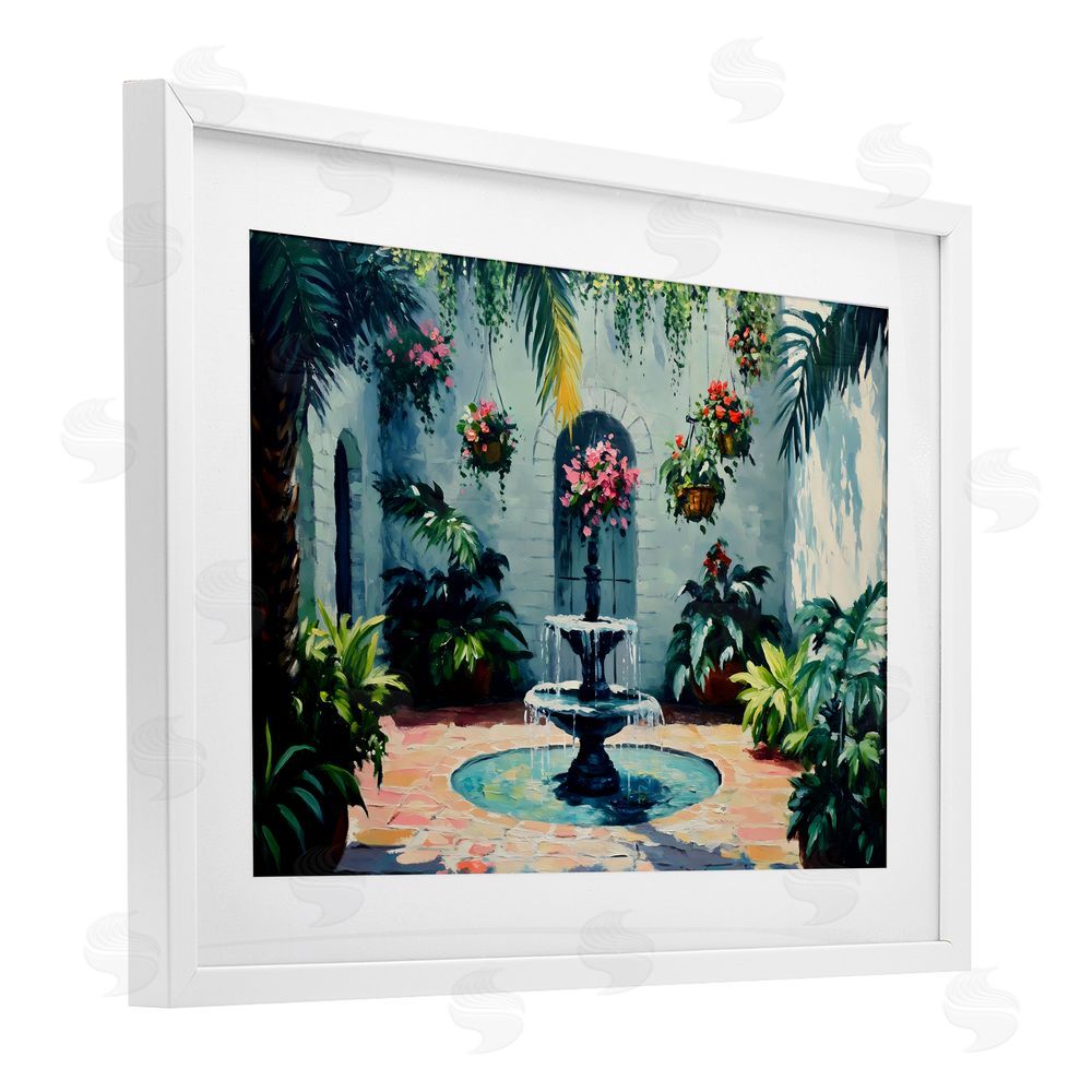 Franklyn Gregory Floral Fountain Courtyard White Framed Print Under Glass with Mat Wall Art
